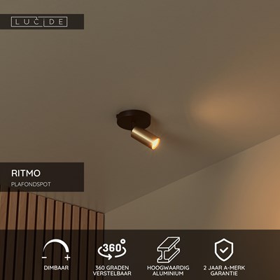 Lucide RITMO - Plafondspot - Ø 10 cm - 1xGU10 (MR11) - Mat Goud / Messing